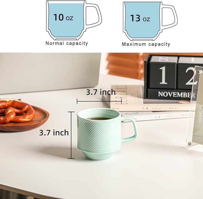 Stackable Coffee Mugs Set: 13 oz Ceramic Stacking Cups for Cappuccino Latte Tea - Microwave Safe Mug for Home & Office - 4 PCS, Mint Green