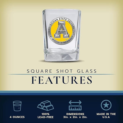 Heritage Pewter Appalachian State University Square Shot Glass | Hand-Sculpted 1.5 Ounce Shot Glass | Intricately Crafted Metal Pewter Alma Mater Inlay