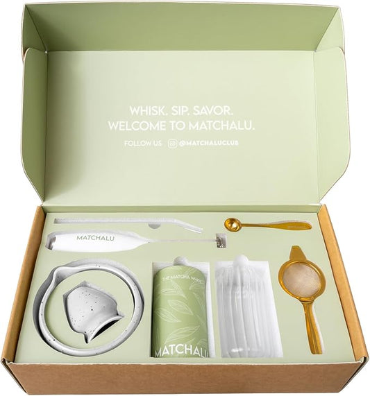 Premium 9 Piece Matcha Set With Ceramic Matcha Bowl, Bamboo Whisk & Holder, Stainless Steel Spoon & Sifter, Glass Cup & Straw, Electric Frother, Storage Bag - Gift for Matcha Lovers (White)