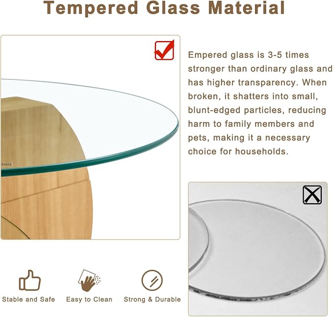 42 Inch Glass Coffee Table，Round Coffee Table with 2-Tier Tempered Glass Tabletop，Easy to Clean Circle Coffee Table with Sturdy Base for Living Room，Office （Wood-Colored Base）