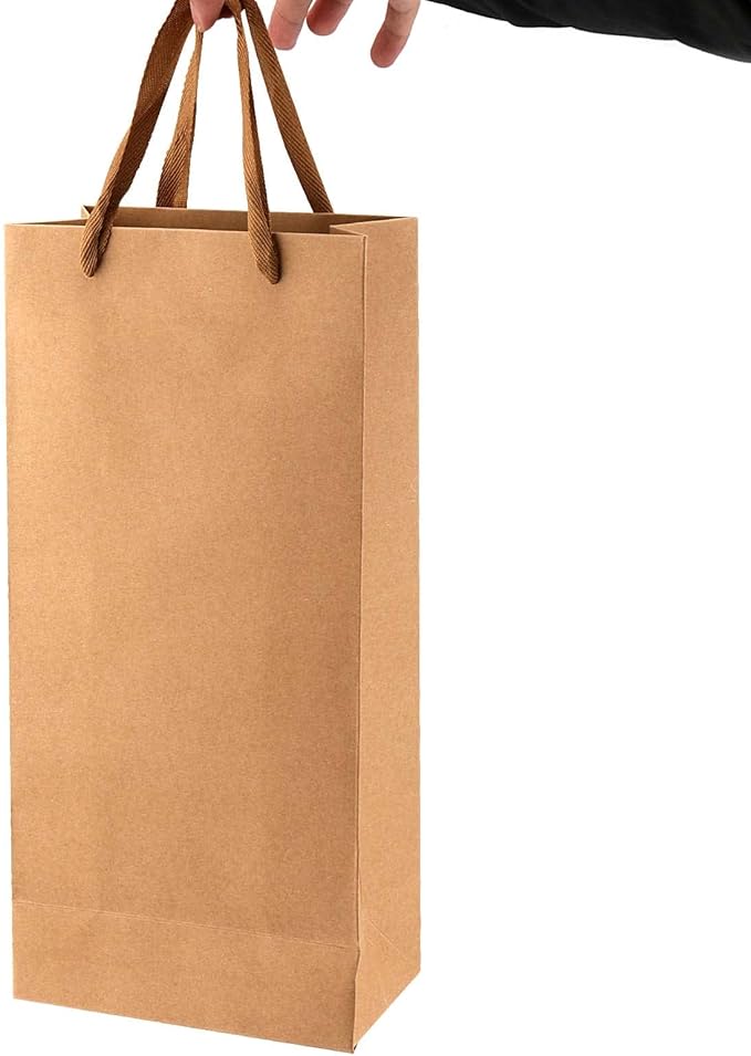 SEUNMUK 60 Pack 13.8 x 6.7 x 3.5 Inch Kraft Wine Gift Bags, 260 gsm Thick Paper Wine Bottle Bags with Handles, Elegant Wine Bags for Party, Wedding and Retailing