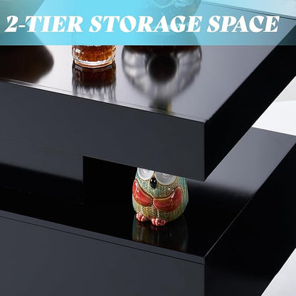 AMERLIFE High Gloss LED Coffee Table, Modern 2-Tier Center Table with LED Lights, Open Storage Space, 40in Simple Rectangular Sofa Side Table for Living Room, Black