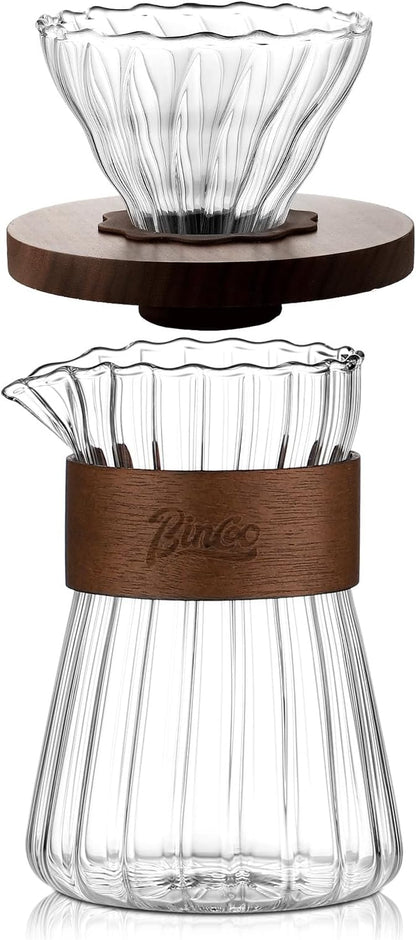 Bincoo Clear Glass Drip Coffee Maker Set - 500ML Glass Coffee Server Coffee Carafe with Walnut Dripper and 50PCS Paper Filter