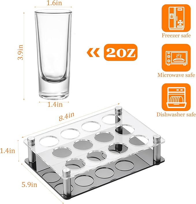 Ruckae 12 Pack 2oz Shot Glasses Set Clear Shot Glasses Bulk with Tray Heavy Base Cylinder Glass Shot Cups for Vodka Tequila Whiskey Liquor Cocktail