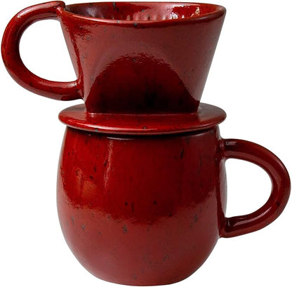 Asayu Japan Ceramic Coffee Pour Over Maker Set in Chrome Red, Slow Brewing Paper Filter Holder and Dripper with 3 Holes for Coffee and Tea (Complete 2PCS Set)