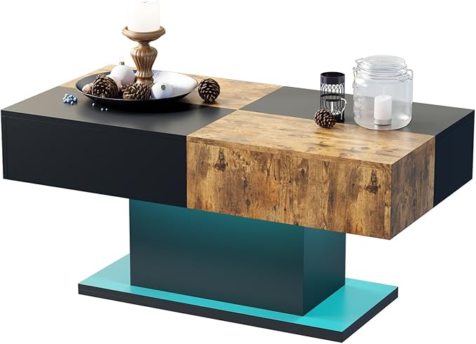 Led Coffee Table for Living Room, Living Room Table Rectangular Center Table, Modern Wooden Coffee Tables with 16 Colors LED Lights for Dining Reception Room