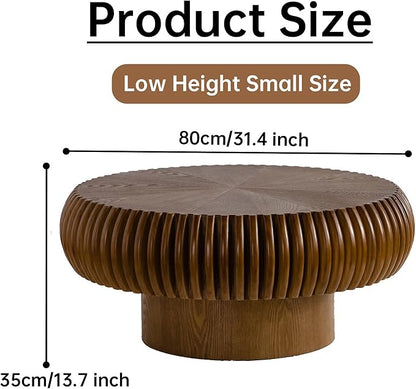 Round Coffee Table 31.4" Modern Brown Fluted Coffee Table Low Walnut Round Drum Pedestal Coffee Tables for Living Room Farmhouse (Walnut 31.4in)