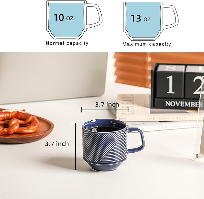 Stackable Coffee Mugs Set: 13 oz Ceramic Stacking Cups for Cappuccino Latte Tea - Microwave Safe Mug for Home & Office - 4 PCS, Navy
