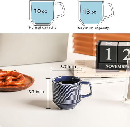 Stackable Coffee Mugs Set: 13 oz Ceramic Stacking Cups for Cappuccino Latte Tea - Microwave Safe Mug for Home & Office - 4 PCS, Navy