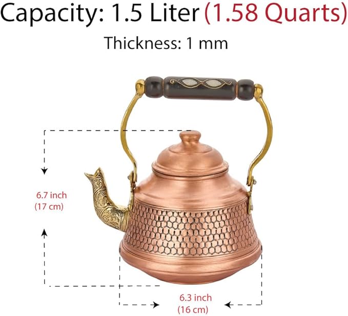 Vintage 100% Pure Solid Copper Turkish Hammered TeaPot Tea Kettle Pot for Stovetop Stove Top Infuser Decorative Fancy Arabic Moroccan Party Serving Kitchen Antique Handmade Unique Style Gooseneck Gift