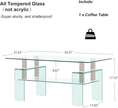 Glass Coffee Table for Living Room, Modern Rectangle All Tempered Glass Table 8mm Clear Transparent Top Home Furniture for Small Space Bearing 220LB