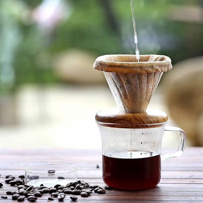 ATHIA Glass Pour Over Coffee Maker Set, Glass Cone Dripper, Reusable Cloth Filter, Minimal Single Cup on the Go,Olive wood_light color