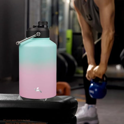 1 Gallon Jug with Handle,128 oz Insulated Water Bottle with Carrying Pouch,Double Wall Vacuum Stainless Steel Metal Bottle,Gum