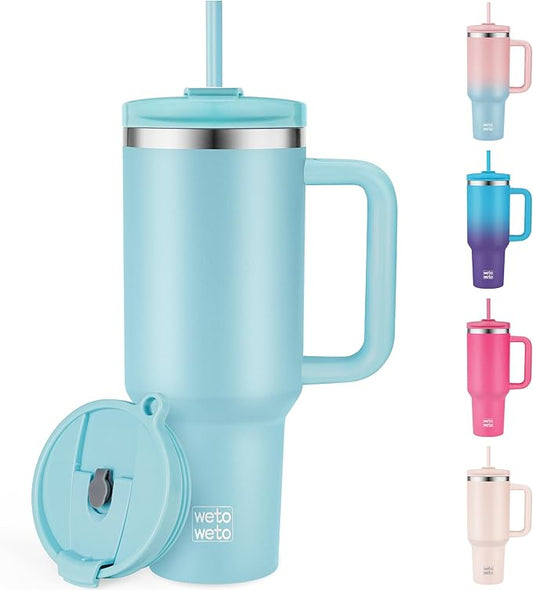 WETOWETO 40oz Tumbler with Handle and Lid | 100% Leakproof Insulated Stainless Steel Travel Mug | Keeps Cold 34Hrs/Hot 10Hrs | Dishwasher Safe, Fits Car Cup Holder (Sky Blue Color)