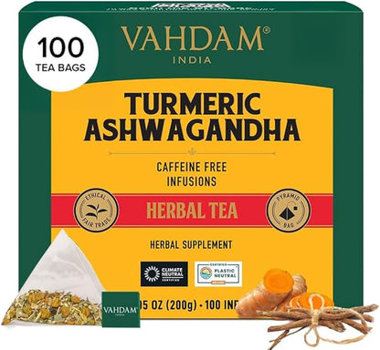 VAHDAM, Turmeric Ashwagandha Herbal Tea Bags (100 Count) Caffeine Free, Non GMO, Gluten Free | 100% Pure Herbal Blend - Sweet & Earthy | Whole Leaf Tea Bags | Resealable Ziplock Pouch