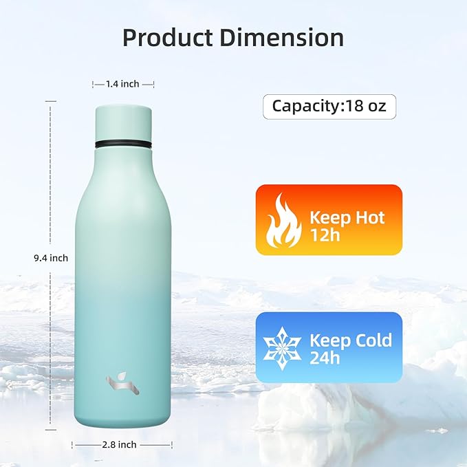 Insulated Water Bottle with Strap,18 oz Double Wall Stainless Steel Vacuum Bottles Metal Water Flask,Mint