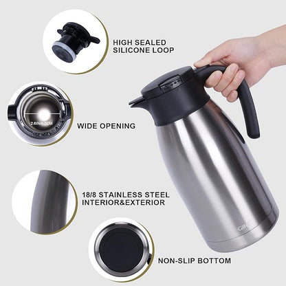 GiNT 64Oz Thermal Coffee Carafe, Insulated Stainless Steel Coffee Carafes for Keeping Hot/Double Walled Vacuum Thermal Carafe (Silver, 1.9L)