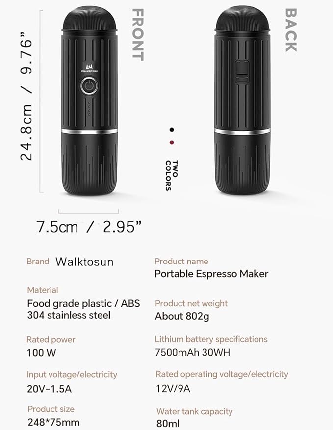 Portable Espresso Coffee Maker Electric Expresso Maker Self Heating Battery Powered, 19 Bar Pressure, Coffee Machine with Ground Coffee & NS Capsule for Travel,Outdoors，Camping,RV,Hiking,Office(Black)