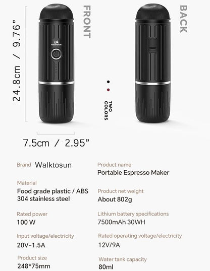 Portable Espresso Coffee Maker Electric Expresso Maker Self Heating Battery Powered, 19 Bar Pressure, Coffee Machine with Ground Coffee & NS Capsule for Travel,Outdoors，Camping,RV,Hiking,Office(Black)