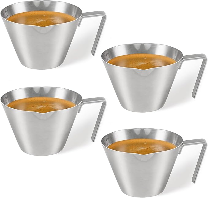YARRAMATE 4 Pcs Stainless Steel Espresso Cups with Handle, Double Spout Metal Measuring Cup with Dual Scale, Espresso Shot cup with V-Shaped Mouth, 3.4OZ/100ML(Sliver)