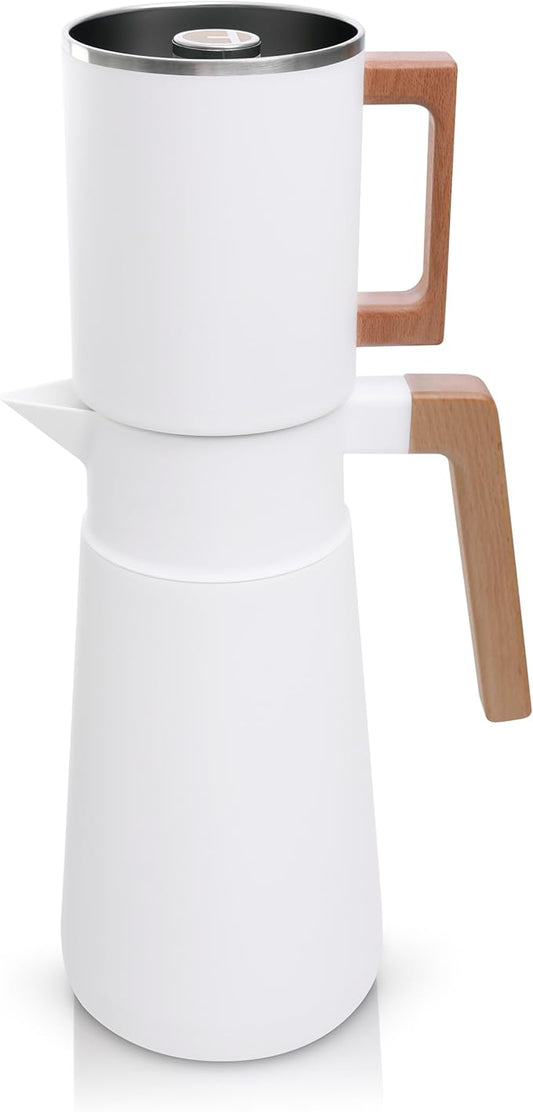 HASTINGS 68 Oz Pour Over Coffee Maker Set with Double Layer Reusable Stainless Steel Filter 8-Cup and Wood Handle - Dual Wall Heat Resistant Drip Coffee Brewer, Pour Over Coffee Dripper Carafe, White
