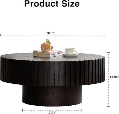 31.5" Round Drum Coffee Table, Modern Handcraft Fluted Drum Center Table, Wooden Round Coffee Table Center Table with Sturdy Pedestal for Living Room Apartment (Walnut+Black)
