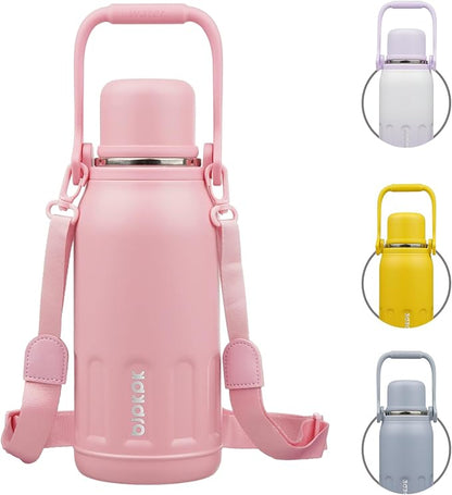 BJPKPK Insulated Water Bottle 40oz Stainless Steel Water Bottles Double Wall with Handle and Cup Lid Travel Metal Thermal Flask,Light Pink