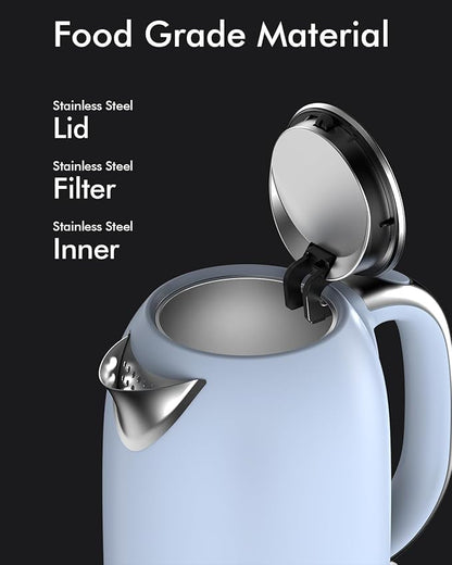 Electric Tea Kettle for Boiling Water, Wide Open Lid Stainless Steel Water Boiler, 1500W/1.7L for Coffee/Tea Brewing, Auto Shut Off & Boil Dry Protection, Cordless Swivel Base & LED Indicator, Blue