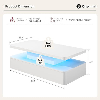 oneinmil Modern LED Coffee Table, 47" Living Room Tables with Double-Layer Design, 16 Colors LED Lights, Stylish Coffee Tables for Living Room, Home, Office, White