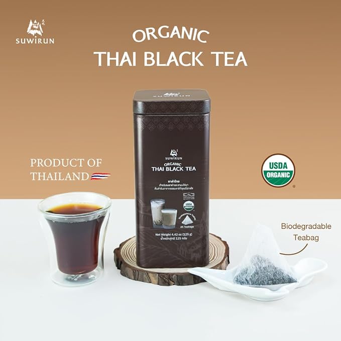 Suwirun Organic Assam Thai Black Tea 25 Bags – Bold, Smooth & Aromatic – Premium Quality, No Additives – Perfect for Hot, Iced & Thai Milk Tea
