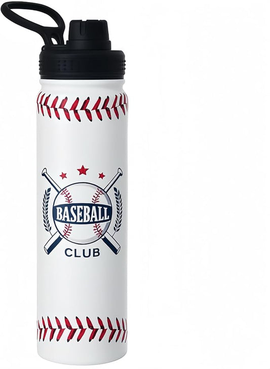 Baseball Water Bottle, 24 oz Insulated Stainless Steel Sports Bottle with Straw, Baseball Stuff Gifts for Boys
