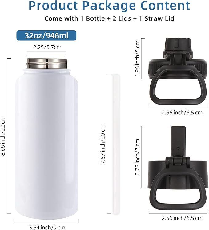 Volhoply Sublimation Insulated Water Bottles Blank Bulk 8 Pack, 32 oz Stainless Steel Sports Bottle with Straw, Double Walled Vacuum Metal Water Flask with Wide Mouth(Sublimation,8)