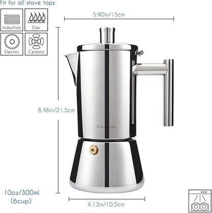 Easyworkz Diego Stovetop Espresso Maker Stainless Steel Italian Coffee Machine Maker 6Cup 10 oz Moka Pot Induction Espresso Pot