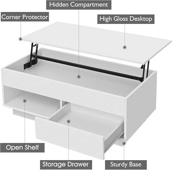 HOMMPA 40“ Lift Top Coffee Table with Storage LED Coffee Table Morden High Gloss Living Room 3 Tiers Modern Tea Table with Storage Center Tables Hidden Compartment & Open Shelve & Drawer White