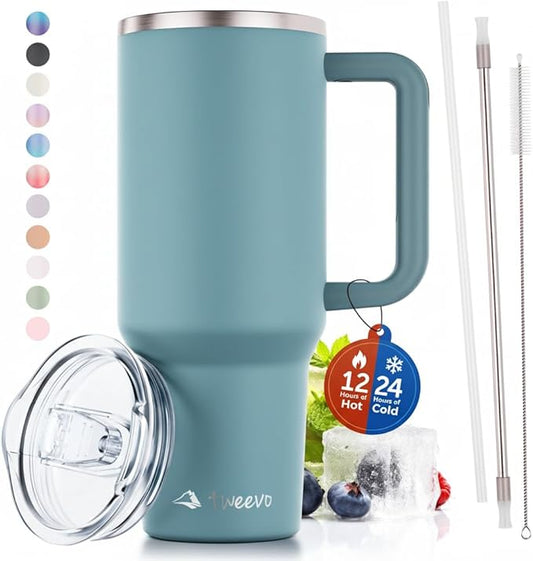 40 oz Tumbler With Handle and Straw Made of Stainless Steel - Double Wall Vacuum Insulated Tumbler With Lid - Sweat Proof Easy Grip, BPA-Free, Dishwasher Safe Tumbler (Aqua Sky)