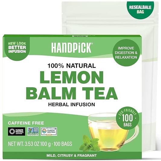 HANDPICK Lemon Balm Tea Bags – 100 Count | 100% Pure & Naturally Dried | Caffeine-Free Herbal Tea with Citrus Flavor & Aroma | Premium Lemon Balm Leaf for Calming and Digestion Support