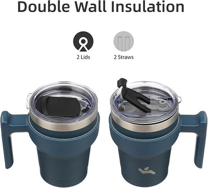 10 oz Tumbler with Handle and 2 Straw 2 Lid, Insulated Water Bottle Stainless Steel Vacuum Cup Reusable Travel Mug, Navy Blue