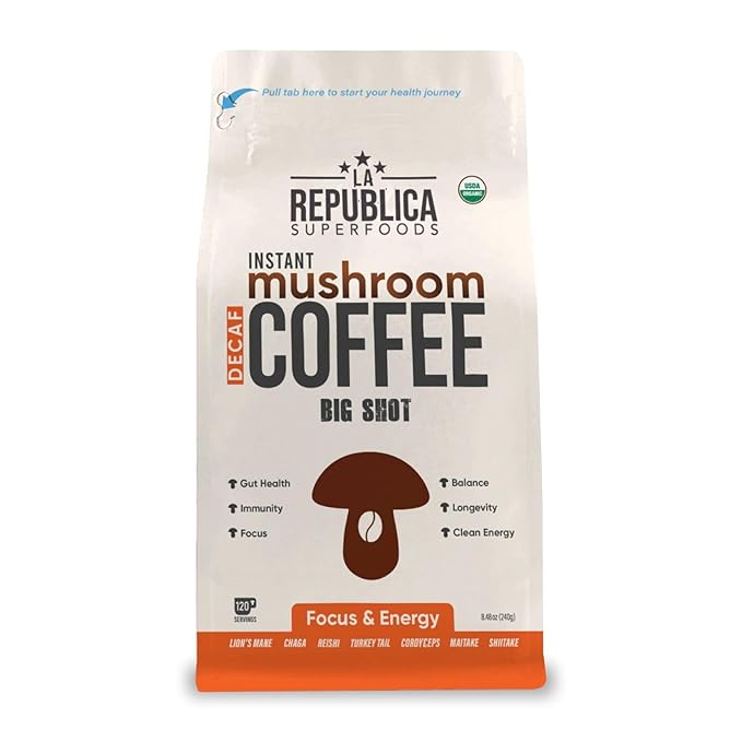 La Republica Big Shot Decaf Instant Mushroom Coffee Organic (120 Servings) with Lion's Mane, Reishi, Chaga, Cordyceps, Maitake, Turkey Tail