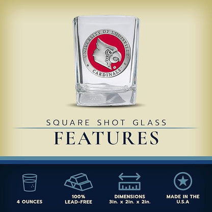 Heritage Pewter Louisville Square Shot Glass | Hand-Sculpted 1.5 Ounce Shot Glass | Intricately Crafted Metal Pewter Alma Mater Inlay