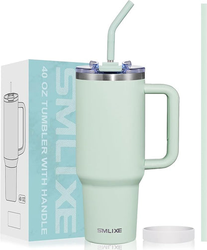 40 oz Tumbler with Handle and Straw Lid,Insulated Reusable Stainless Steel Water Bottle Travel Mug，Cupholder Friendly Double Wall Vacuum Sealed Cup (Light Green)