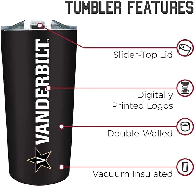 Campus Colors NCAA Stainless Steel Tumbler perfect for Gameday - 18 oz - Double Walled - Keeps Drinks Perfectly Insulated (Vanderbilt Commodores - Black)