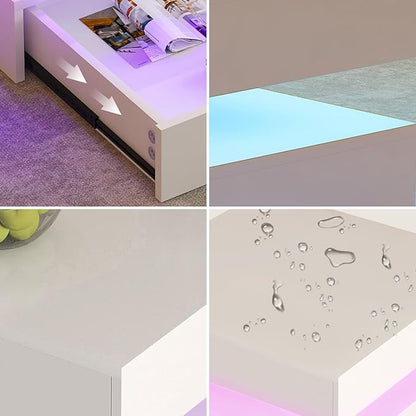 LED Coffee Table for Living Room - 2-Tier Modern High Gloss Square Table with Storage Drawers, 24-Color Adjustable Lights, Contemporary Wood Tea Tables for Home Office & Waiting Room,White