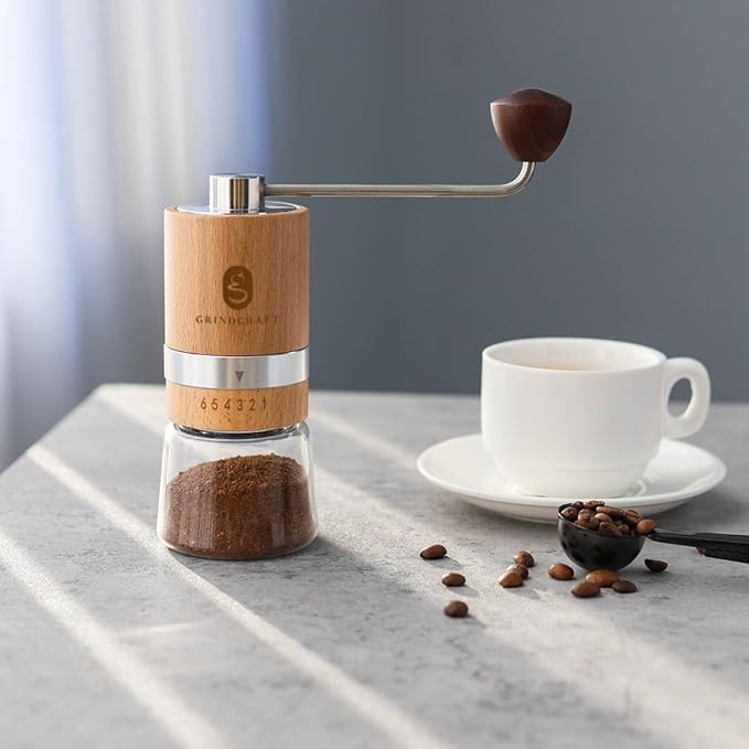 Premium Manual Burr Coffee Grinder - Made with real Beechwood; Hand Coffee Grinder with Stainless Steel Burr Mill; Extra-Fine to Coarse Coffee & Espresso Burr Grinder (Light Brown)