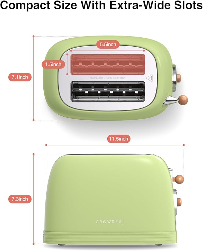 CROWNFUL 2-Slice Toaster, Extra Wide Slots Toaster, Retro Stainless Steel with Bagel, Cancel, Defrost, Reheat Function and 6-Shade Settings, Removal Crumb Tray, Green