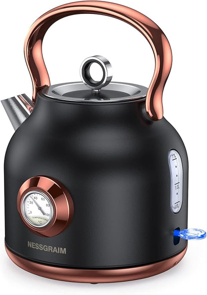 Retro Electric Kettle, 1.7L Stainless Steel Tea Kettle with Large Temperature Gauge, 1500W Fast Heating Hot Water Boiler with LED Indicator, Auto Shut-off & Boil-Dry Protection-Reteo Black