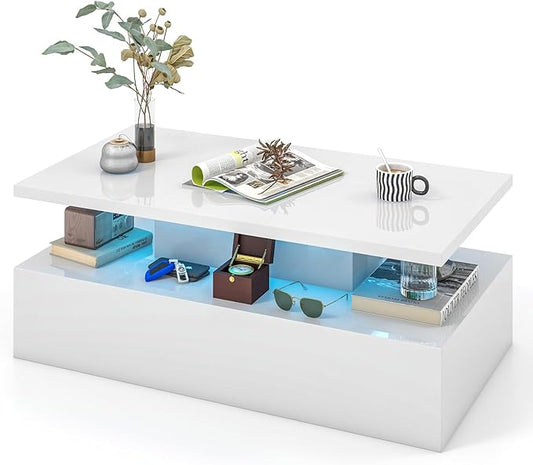 Tangkula LED Coffee Table, Modern High Gloss Coffee Table w/ 20-Color LED Lights, Adjustable Speed & Brightness, Remote Control, Open Shelf, 2-Tier Rectangle Living Room Center Table (White)