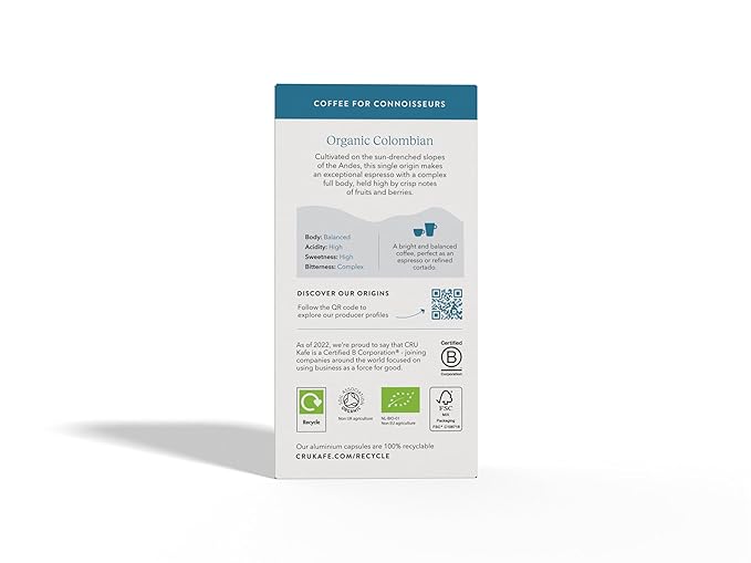 Cru Kafe Colombian USDA Organic Espresso Coffee Capsules (50 Pods) Fairtrade Coffee Pods Compatible with Nespresso Original Line and Pixie Machines