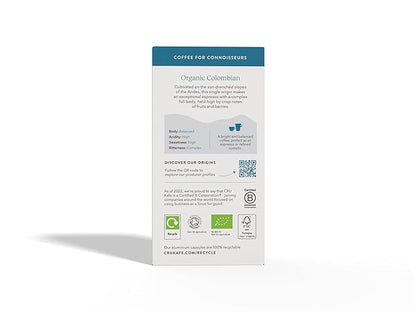 Cru Kafe Colombian USDA Organic Espresso Coffee Capsules (50 Pods) Fairtrade Coffee Pods Compatible with Nespresso Original Line and Pixie Machines