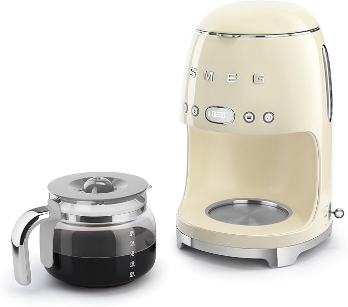 Smeg 50's Retro Style Aesthetic Drip Coffee Machine with 10 Cup Glass Carafe, Auto Start Feature, Keep Warm Plate, and Two Coffee Strength Settings (Cream)