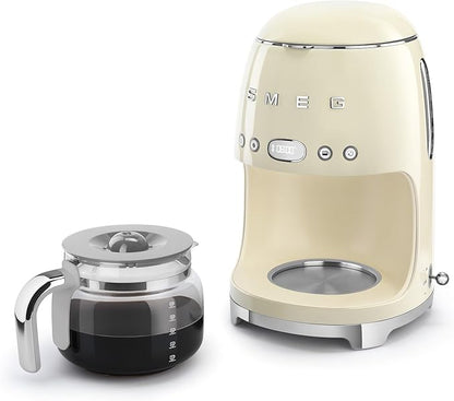Smeg 50's Retro Style Aesthetic Drip Coffee Machine with 10 Cup Glass Carafe, Auto Start Feature, Keep Warm Plate, and Two Coffee Strength Settings (Cream)